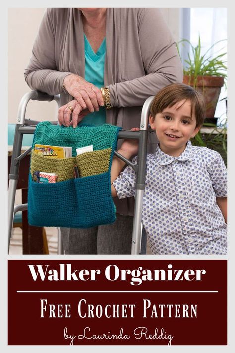 Walker Organizer Free Crochet Pattern Easy Free Crochet Patterns, Nursing Home Gifts, Crochet Organizer, Walker Bag, Crochet Classes, Retirement Home, Easy Crochet Patterns Free, Bag Pattern Free, Crochet Gift