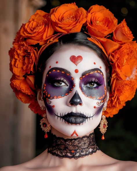 Mexico Skull Makeup, La Catrina Dress, Catrina Make Up Maquillaje, Colorful Catrina Makeup, Red Catrina Makeup, Day Of The Dead Flower Crown, Catrina Hairstyle, Diy Catrina Costume, Catrina Costume Dresses