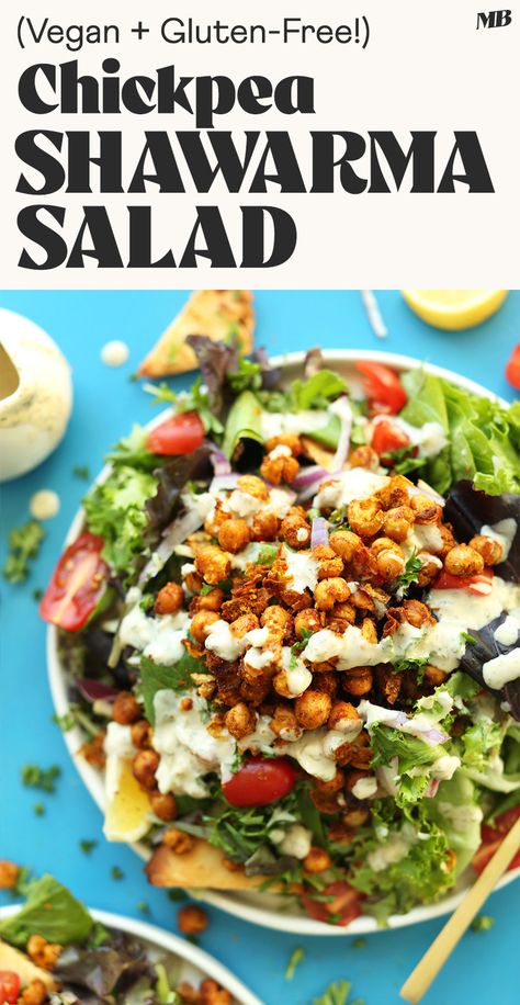 All of the flavor of a Middle Eastern-inspired chickpea shawarma sandwich, but in salad form! Shawarma-spiced chickpeas, fresh greens, and a creamy, 4-ingredient garlic dill sauce! A flavorful, filling, plant-based meal. Garlic Dill Sauce, Chickpea Shawarma, Shawarma Sandwich, Shawarma Salad, High Blood Pressure Diet Meals, Spiced Chickpeas, Middle Eastern Dishes, Meatless Main Dishes, Minimalist Baker