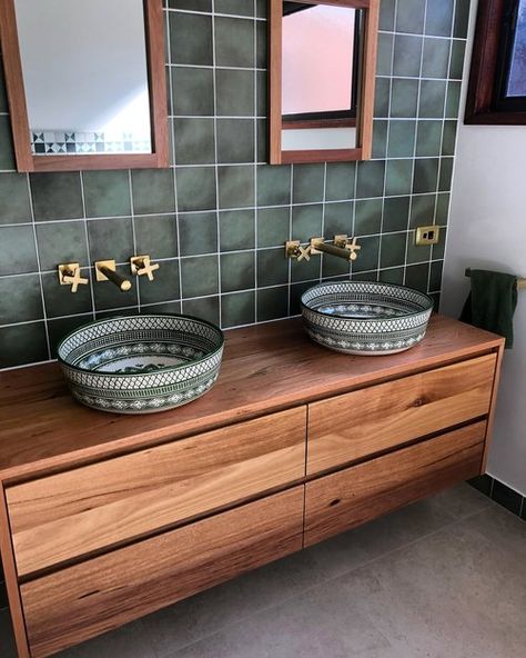 Finished Product 🌳🪵 1500mm vanity with 4  x drawers and decorative mirrors 🪞 for a lovely client in Brissy. How awesome are the ceramic hand painted green basins 🫧 Timber Bathroom Vanities, Timber Vanity, Decorative Mirrors, Timber Furniture, Ceramic Hand, Furniture Vanity, Furniture Maker, Sunshine Coast, Gold Coast