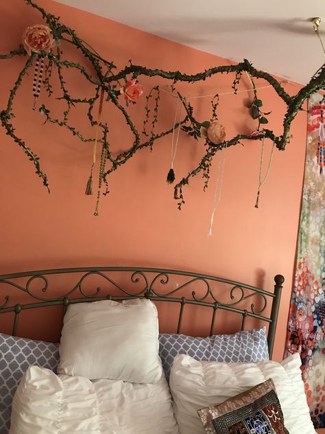 Bedroom decor, willow tree branch headboard Branch Decor Bedroom, Forest Ceiling Bedroom, Tree Branch Headboard, Branches In Bedroom, Woodsy Wall Decor, Cottagecore Headboard, Branch Headboard, Tree Room Decor, Woodsy Bedroom