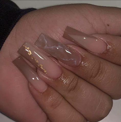 November Bday Nails, Rose Gold Nails Acrylic Square, Gold And Nude Acrylic Nails, Brown And Nude Acrylic Nails, Basic Long Acrylic Nails, Light Brown Nails Acrylic, Brown And Gold Nails, Event Nails, Nail Organization