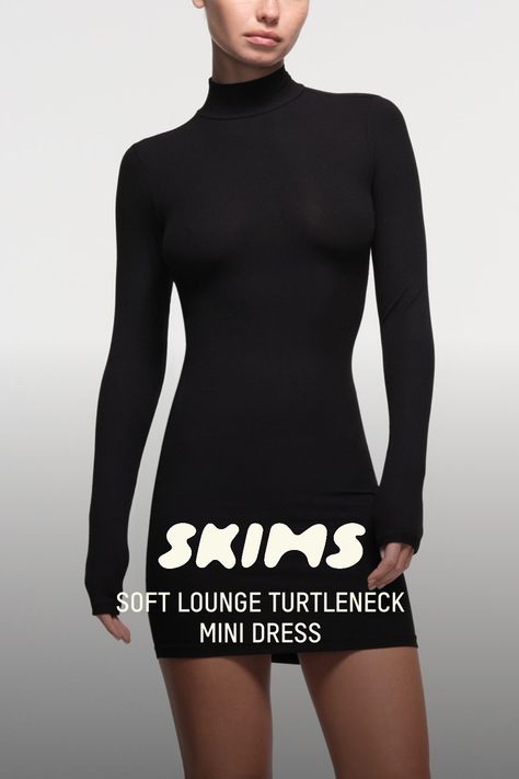 Dressed up or down - this is the season’s most-wanted mini. Made from our signature ribbed modal fabric, this addictively soft turtleneck silhouette is the chicest addition to your closet. Fits true to size. XXS-XL 2X-4X Length 32" 34" | SKIMS Turtleneck Mini Dress | Black | 2XS | Soft Lounge Womens Thanksgiving Dress, Skims Turtleneck, Skims Outfit, Long Sleeve Dress Casual, Turtleneck Mini Dress, Black Turtleneck Dress, Thanksgiving Dress, Cute Gym Outfits, Modal Fabric