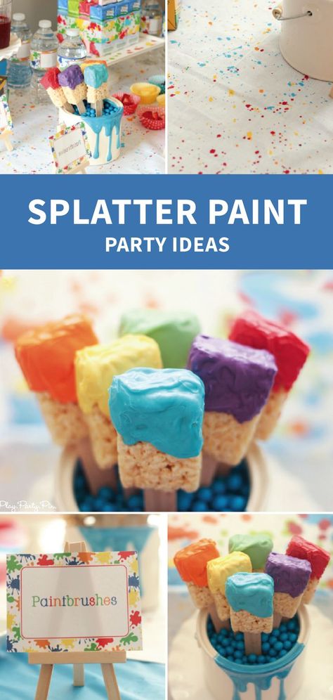 How fun are these Splatter Paint Rice Krispies Treats®️️? Alongwith art party ideas you have all the inspiration you need to throw such a fun and colorful birthday party for your little one. Rice Krispie Treats Paint Brushes, Rice Krispie Treat Paint Brushes, Paint Brush Rice Krispie Treats, Art Birthday Party Snacks, Color Splash Party Ideas, 3rd Birthday Art Party, Painting Themed Party, Painter Birthday Party, Colorful Party Snacks