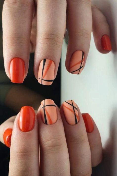 Orange Geometric Nails, Short Gel Nails Orange, Orange And Black Nail Designs, Orange Gel Nails, Nail Art Orange, Fall Toe Nails, Designs For Short Nails, Orange Nail Designs, August Nails