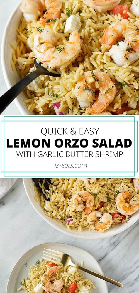 Lemon Orzo Salad With Garlic Butter Shrimp is a simple yet elegant main dish made with bright lemony flavors and fresh dill. Serve it at your next dinner party or pack it up for your weekly meal prep! #orzosalad #filippoberio #dinnerpartyrecipes Orzo Salat, Lemon Orzo Salad, Eat Cheap, Lemon Orzo, Orzo Pasta Salad, Weekly Meal Prep, Garlic Butter Shrimp, Orzo Salad, Butter Shrimp