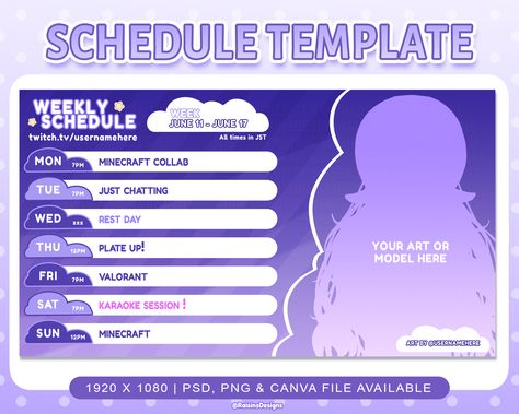 Stream Layout Ideas, Stream Template, Twitch Schedule, Vtuber Schedule, Vtuber Schedule Template, Twitch Schedule Template, Stream Schedule, Stream Schedule Template, Start Streaming Twitch