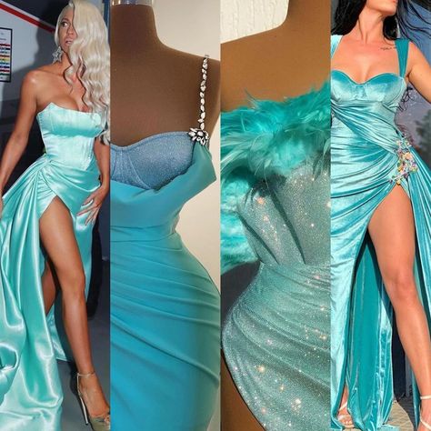 # Which turquoise dress do you like the most ? #donamatoshi #turquoise #weloveturquoise Turquoise Prom Dress Long, Turquoise Dress Outfit Wedding, Turquoise Dress Outfit, Turquoise Prom Dress, Roleplay Outfits, Dona Matoshi, Turquoise Blue Dress, Turquoise Prom Dresses, Split Prom Dresses