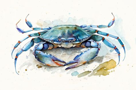 Blue Crab Watercolor, Crab Watercolor, Crab Painting, Crab Art, Watercolor Poster, Blue Crab, Cat Air, Coastal Wall Art, Pablo Picasso