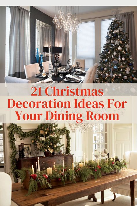 The dining room is the perfect place to extend your Christmas decor ideas. Christmas Decorated Sideboard, Christmas Decor For Dining Room Buffet, Christmas Dining Room Buffet Decorations, Elegant Christmas Dining Room Decor, Simple Dining Room Christmas Decor, Decorating Dining Room For Christmas, Formal Dining Room Christmas Decor, Dining Room Holiday Decor, Vintage Christmas Dining Room