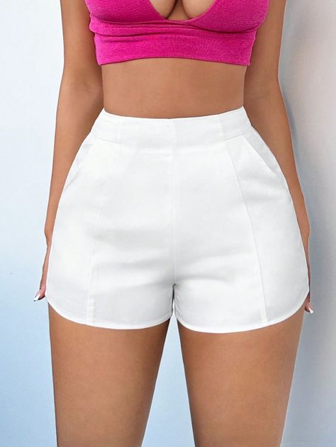 Pantalones Cortos Sólidos De Cintura Alta Para El Verano Blanco Casual   Tela tricotada Liso Pierna recta No-Elástico  Women Clothing, size features are:Bust: ,Length: ,Sleeve Length: Outfit Con Short Blanco, Outfits Con Short Blanco, Outfit Short Blanco, Short Shein, Short Blanco, Short Branco, White High Waisted Shorts, White Fashion Casual, Spring Shorts