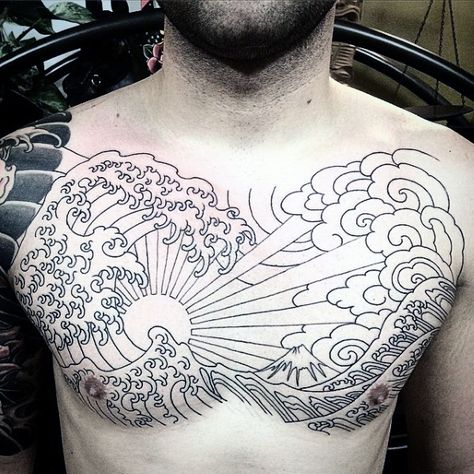 Mens Full Chest Japanese Sun And Ocean Waves Tattoo Sun Tattoo Designs For Men, Japanese Sun Tattoo, Rising Sun Tattoos, Ocean Wave Tattoo, Japanese Wave Tattoos, Cloud Tattoo Design, Tattoo Sonne, Japanese Sun, Sun Tattoo Designs