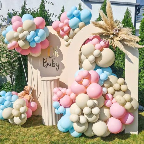 Rose Balloon Arch, Grey Balloons, Rose Balloon, Blue Balloon Garland, Boho Birthday Party, Gender Reveal Party Theme, Birthday Banner Design, Gender Reveal Balloons, Pastel Balloons