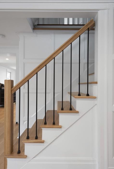 #stairsdecor #diy #homdecor Light Staircase Ideas, Stair Railing Ideas Craftsman, Wooden And Metal Staircase, Partial Stair Railing, Modern Indoor Stair Railing, Stairs With Wooden Railing, Small Railing Ideas Indoor, Interior Stair Railing Ideas Wood, Railings For Stairs Wood