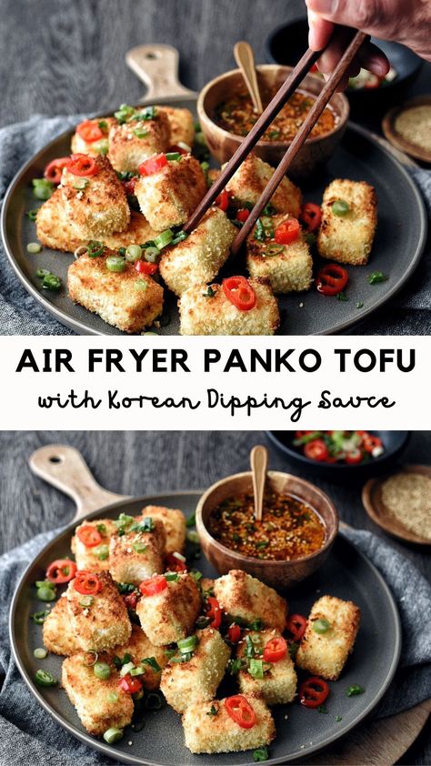 crispy air fryer panko tofu with small bowl of korean dipping sauce Panko Tofu, Korean Dipping Sauce, Tofu Air Fryer, Rice And Kimchi, Firecracker Salmon, Air Fryer Tofu, Fresno Chili, Tofu Recipe, Tofu Dishes