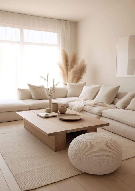 Beige Sofa Aesthetic, Beige Interior With Pop Of Color, Cream And Wood Living Room, White And Natural Wood Living Room, Beige Couches Living Room Ideas, Brown And Beige Living Room Ideas, White And Beige Living Room, Light Wood Living Room, Cream Interior Design