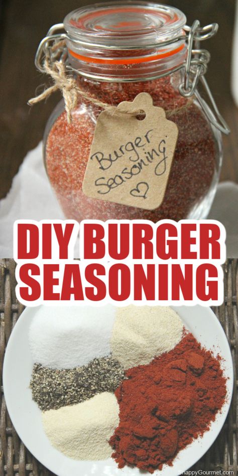 Burger Seasoning, an easy all-purpose DIY spice blend that is perfect for all kinds of burgers beef, chicken, turkey, pork, or even veggie! Make your own homemade Burger Seasoning mix in minutes for yourself or use it as a simple gift idea for your friends and family. Turkey Burger Seasoning, Hamburger Spices, Season Mixes, Grilling Hamburgers, Burger Recipes Seasoning, Homemade Burger Patties, Burger Spice, Homemade Dry Mixes, Homemade Burger