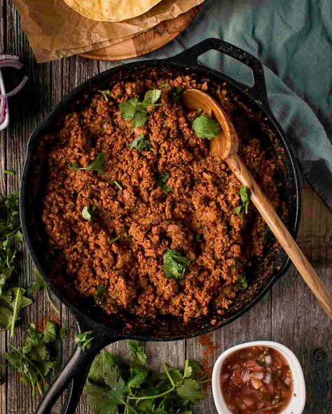 Easy TVP Taco Meat Recipe (Vegan, 10 Minutes) - Shane & Simple Vegan Taco Meat Recipe, Baked Taco Shells, Starch Diet, Taco Meat Recipe, Vegan Tacos Recipes, Vegan Tacos Meat, Fried Tacos, Vegan Ground Beef, Vegan Meatloaf