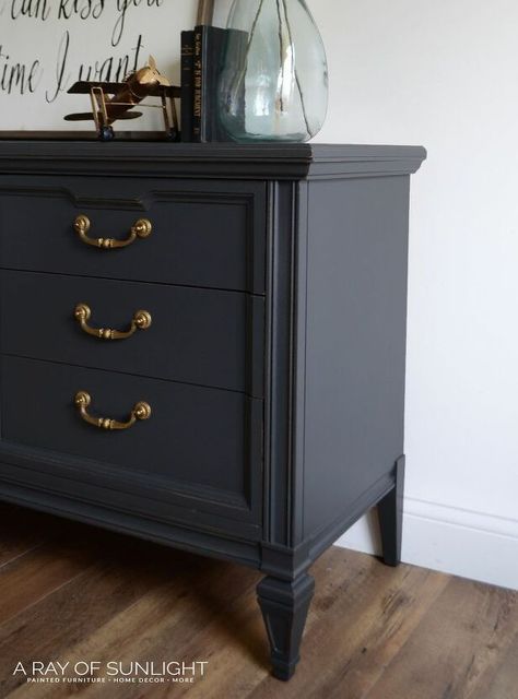 Watch the before and after transformation of this upcycled dresser. This classic furniture piece is beautiful and adds a lot of character to your home decor. #upcycled #furniture #thriftstore Gray Dresser Makeover, Grey Painted Furniture, Furniture Entryway, Upcycled Thrift, Gray Dresser, Upcycle Dresser, Before And After Transformation, Diy Dresser Makeover, Grey Dresser