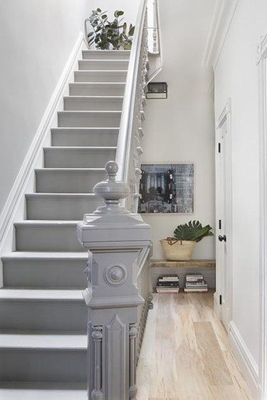 Grey Painted Stairs, Painting Wooden Stairs, Painted Banister, Painted Stair Railings, Transitional Staircase, Gray Stairs, White Staircase, Painted Staircases, Contemporary Staircase