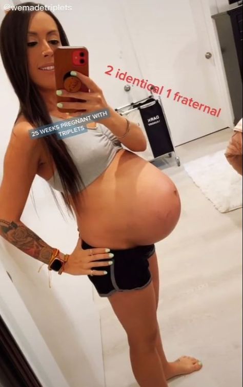 A WOMAN who is expecting triplets is already displaying an enormous baby bump, with people questioning where she’s going to keep the babies for the next trimester. Alex Galindo has been documenting her pregnancy on the We Made Triplets TikTok account, and shared a video on Thursday as she celebrated making it to 25 weeks. “25 […] Pregnant With Triplets, Pregnant With Triplets Belly, 25 Weeks Pregnant, Mommas Girl, Pregnancy Progression, First Person Writing, Sending Good Vibes, Pregnant Belly, Bump