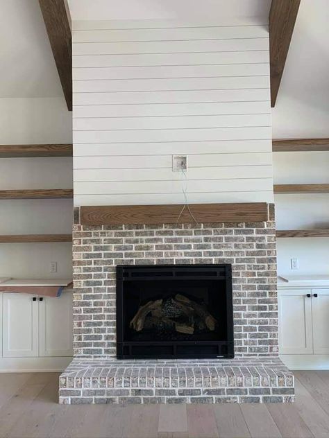 Shiplap Fireplace Brick, Shiplap Fireplace With Brick Hearth, Brick Fireplace Floating Mantle, Fireplace With Shiplap And Brick, Brick Fireplace And Shiplap Wall, Brick Fireplace With Floating Mantle, Floating Shelves Brick Fireplace, Fireplace Shiplap And Brick, Brick Fireplace Shiplap Wall