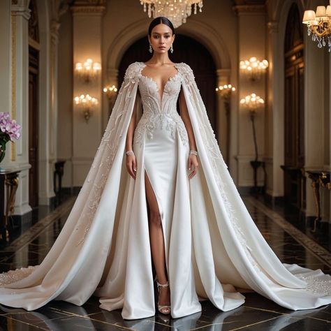 Wedding Dresses With Overskirt, Empress Wedding Dress, Wedding Dresses 2024 Trend, Ethereal Wedding Dress Goddesses, Wedding Cape With Hood, Egyptian Wedding Dress, Different Wedding Dress Styles, Glam Wedding Dress, Bridal Gown Styles