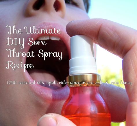 This spray is absolutely fantastic for sore throats. Not only does it  soothe an irritated throat, it helps to reduce inflammation and kill  bacteria.    ¾ cup water   2 tbs. Braggs raw apple cider vinegar 1 tbs. raw honey 1 tsp. sea salt 4 drops lemon essential oil 2 drops peppermint essen Throat Spray Essential Oils, Sore Throat Spray, Salon Christmas, Oils For Sore Throat, Sore Throat Remedies, Throat Remedies, Scratchy Throat, Essential Oils For Colds, Throat Spray