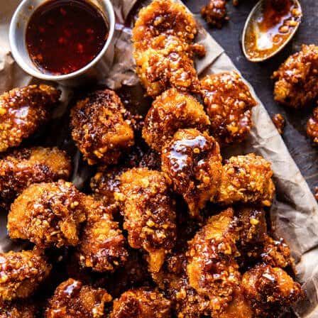 Oven Fried Southern Hot Honey Popcorn Chicken - Half Baked Harvest Sheet Pan Chicken Recipes, Hot Honey Recipe, Honey Popcorn, Hot Honey Chicken, Sheet Pan Meals Chicken, Half Baked Harvest Recipes, Pan Chicken Recipes, Delicious Appetizers, Sheet Pan Chicken