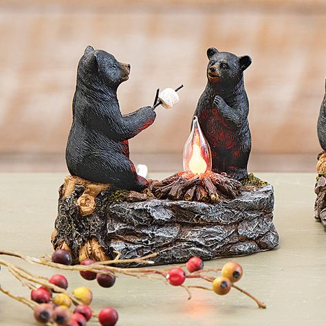 Campfire Nightlight, Black Bear Decor, Toasting Marshmallows, Cafe Display, Two Bears, Ski Lodge Decor, Plaid Comforter, Black Forest Decor, Bear Statue