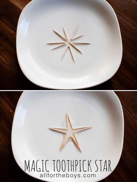 Toothpick Star, Water Dropping, Magic Tricks For Kids, Science Experiments For Preschoolers, Kid Experiments, Cool Science Experiments, Stem Projects, Preschool Science, Science Experiments Kids