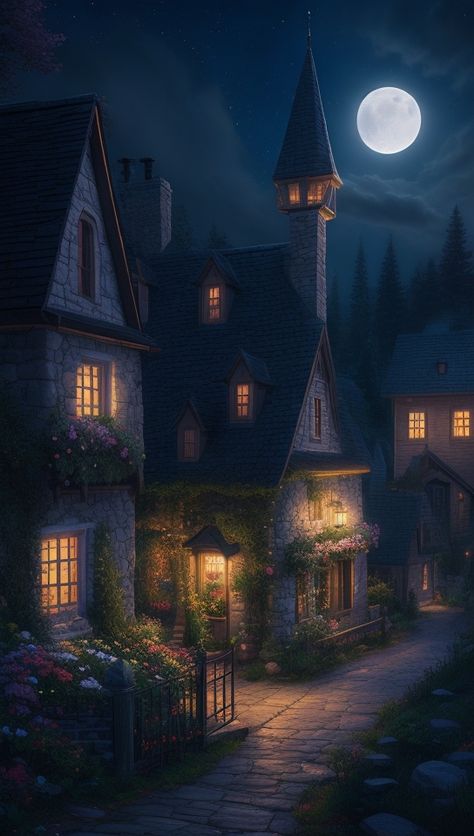 Night Village Aesthetic, Thomas Kinkade Wallpaper, Cottage At Night, Moon Village, Nanowrimo 2023, Night Village, Village At Night, Cottage Village, Thomas Kinkade Art