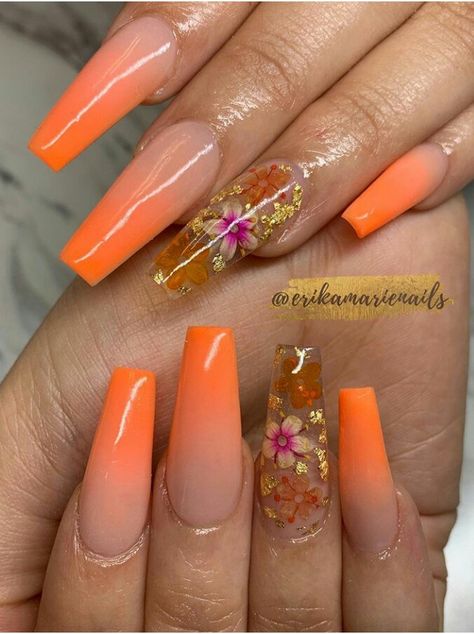 Just look at those flowers encapsulated, just the perfect accent to the lovely tangerine nails created by @erikamarienails see more by her and other artist on Chez Marie Nails Acrylic Nails Summer Orange, Clear Accent Nail, Nails Summer Orange, Ombre Summer Nails, Otoño Nails, Nail Design For Summer, Orange Ombre Nails, Orange Acrylic Nails, Summer Nails Ideas