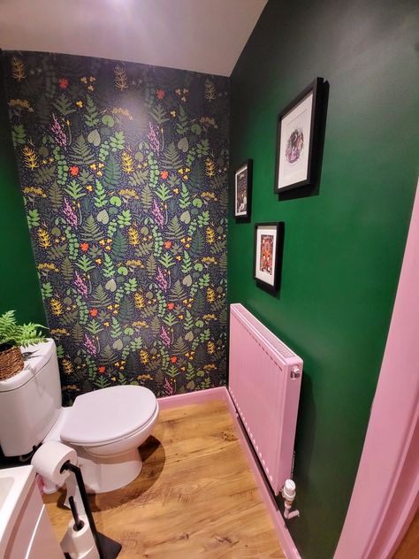 Finally painted the woodwork! Pink and green tho 😍😍 #downstairsloo #interiors #mycolourfulhome #howistyle #pinkandgreen #colourfulstyle Dark Green Pink Bathroom, Pink Downstairs Toilet, Green And Pink Bathroom, Small Downstairs Toilet, English Cottage Decor, Colourful Style, Downstairs Loo, Downstairs Toilet, Toilet Design