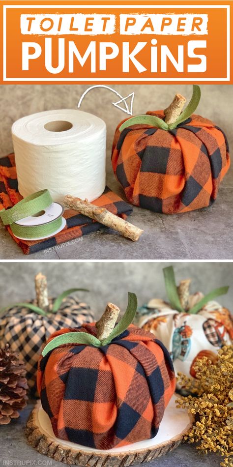 Looking for fall projects for the home? These DIY pumpkins take less than 5 minutes to make! No sewing or skills required. Just wrap a roll of toilet paper with fabric and use a stick with a ribbon tied around it for the stem. They're incredibly cute and fun to make. #fall #pumpkin #instrupix Toilet Paper Pumpkins, Diy Pumpkins, Paper Pumpkins, Diy Fall Decor, Easy Fall Decor, Bottle Craft, Dekor Diy, Craft Decor, Woodworking Plans Diy