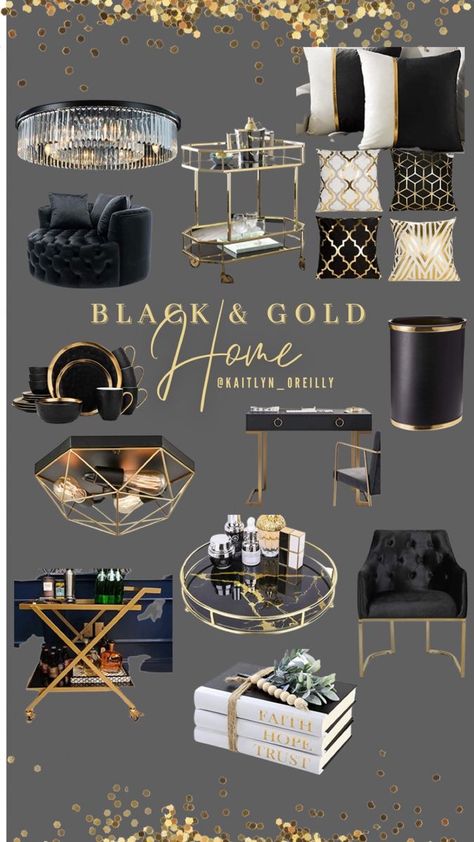 Black And Gold Home Office Ideas, Black Gold Furniture Living Room, Gold White And Black Living Room Ideas, Black Gold And Silver Home Decor, Black White And Gold House Decor, Black White Gold Living Room Decor Ideas, Black And Gold Bedroom Apartment, Black Theme Room Decor, Blush Color Living Room