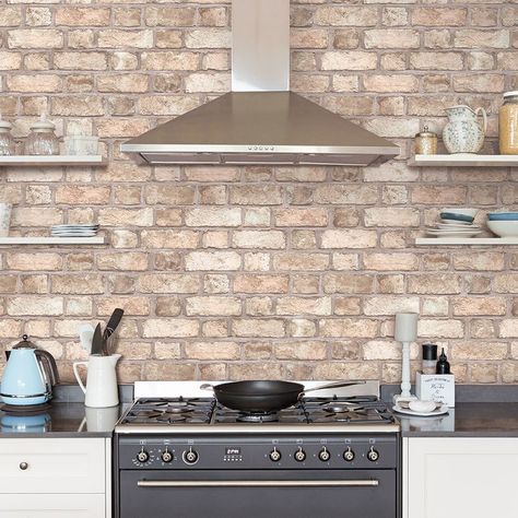 Brick Wallpaper Kitchen, Exposed Brick Wallpaper, Farmhouse Brick, Farmhouse Kitchen Wall Decor, Brick Kitchen, 5 Wallpaper, Vintage French Country, Stone Wallpaper, French Country Farmhouse