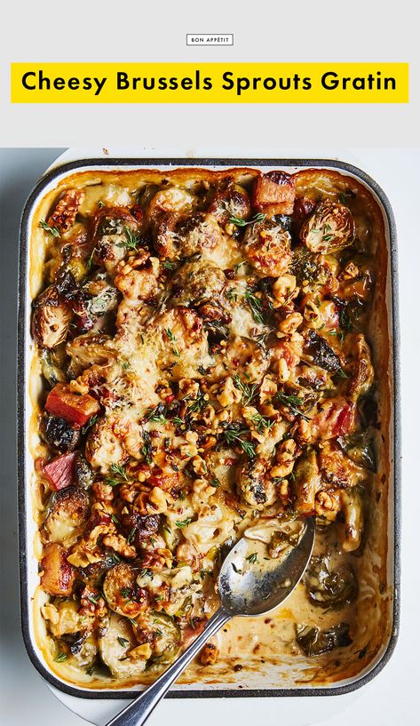 Cheesy Brussels Sprouts Gratin Recipe | Bon Appetit Cheesy Brussels Sprouts, Brussels Sprouts Gratin, Sprout Recipes, Brussels Sprouts Recipe, Vegetable Sides, Veggie Sides, Brussels Sprouts, Brussel Sprouts, Brussel Sprout