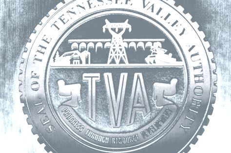 The seal of the Tennessee Valley Authority at its headquarters in Knoxville, Tenn., reads "Progress through resource development Tennessee Valley Authority, Rural Area, Tennessee, Electricity