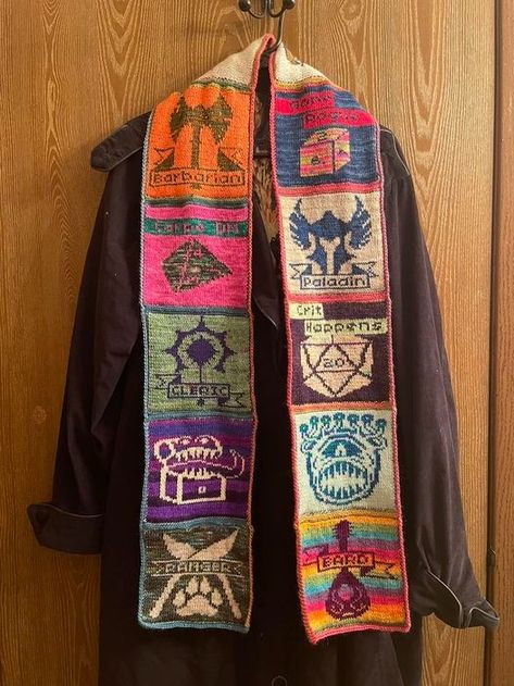 Knit a Dungeons & Dragons Scarf Using 24 Afghan Square Patterns From Lattes & Llamas | KnitHacker Dungeons And Dragons Knitting Patterns, Dnd Knitting Pattern, Dragon Knitting Pattern, Double Knitting Scarf, Dungeons And Dragons Crochet, Weird Knitting, Dnd Crochet, Nerdy Knitting, Plus Size Tutu