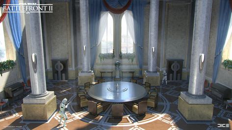 Naboo Interior, Joseph McLamb on ArtStation at https://www.artstation.com/artwork/qgDez Superhero Inspiration, Battlefront 2, Castle Bedroom, Star Wars Planets, Galactic Republic, Scenery Background, Fantasy City, Fantasy Places, Scene Design