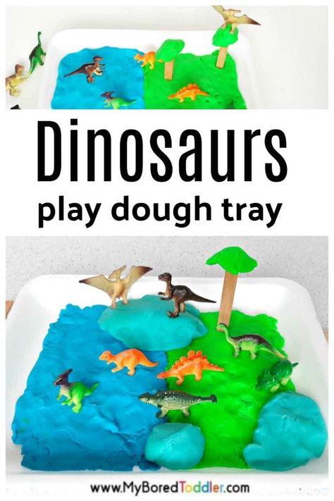 Dinosaur Small World with Play Dough - a fun dinosaur sensory bin activity idea for toddlers and preschoolers #dinosaurs Dinosaur Sensory Bin, Sensory Bins For Toddlers, Dinosaur Small World, Dinosaur Sensory, Early Preschool, Weekly Themes, Dinosaur Play, Theme Preschool, Toddler Ideas