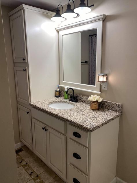 Single Bathroom Sink, Vanity With Linen Cabinet, Bathroom Tower, Bathroom Cabinet Makeover, Guest Bathroom Remodel, Full Bathroom Remodel, Narrow Bathroom, Bathroom Vanity Designs, Bathroom Remodel Pictures