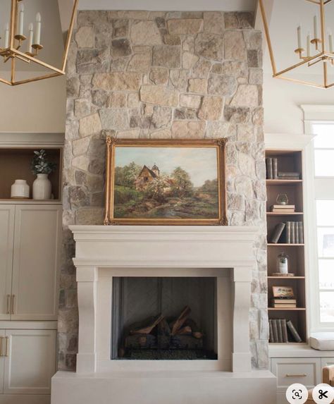 Stone Facade Fireplace Makeover, Tall Rock Fireplace Wall High Ceilings, Whitewashing Stone Fireplace, English Living Room Modern, Stone Fireplace With Mantel, Stone Fireplace With Hearth, Half Stone Fireplace, Tall Stone Fireplace, Barn Fireplace