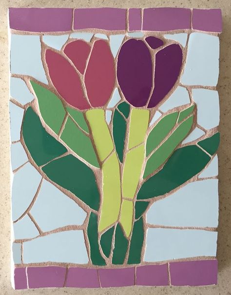 Two tulips mosaic :-) Details below Fx Tulip Mosaic, Paper Mosaic, Glass Mosaic Art, Mosaic Flowers, Blue Tulips, Personalized Mother's Day Gifts, Mothersday Gifts, Stained Glass Mosaic, Vibrant Colours