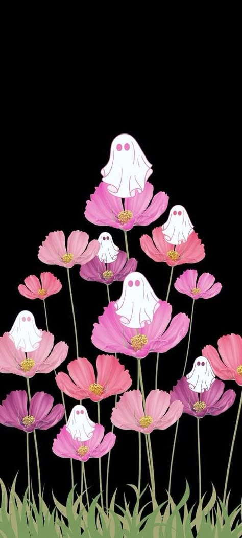 Spooky Spring Wallpaper, Ghost Fairy, Ghost With Flowers, Flower Ghost, Ghost Flower, Helloween Wallpaper, Pink Cosmos, Fairy Halloween, Halloween Wallpaper Iphone Backgrounds