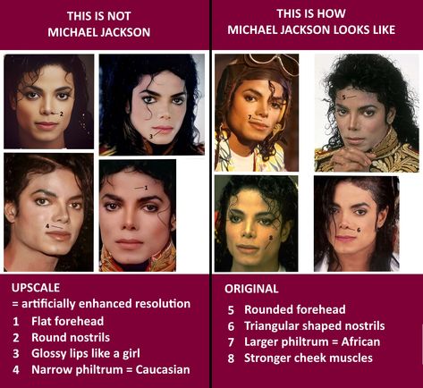 New generations of fans won't have real photos of how Michael Jackson looked like, even some current fans forget how he did actually look like. They don't notice the difference between upscaled pictures and original pictures of him. There are too many upscaled portraits online. Fans like to enhance the resolution of smaller or blurred pictures with editing tools but upscaling uses algorithms that apply average shapes from millions of pictures. MJ was unique, not an "average" man. Michael Jackson Look Alike, Michael Jackson Skin, Blurred Pictures, Michael Jackson Portrait, Beautiful Portraits, Jackson 5, Editing Tools, King Of Pops, Glossy Lips