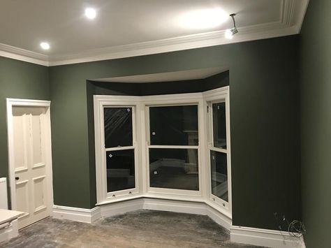 Corby Croft on Instagram: “Study painted in Valspar Greenish Grey  #valspar #greenishgrey #paint #interiordesign #study #edwardian #traditional #baywindow…” Greenish Grey Valspar, Greenish Grey, Room Color, Bay Window, Room Colors, Paint, Interior Design, Living Room, Bedroom