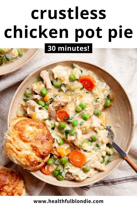 Everybody will love this cozy and comforting crustless chicken pot pie soup. It's ready in under 30 minutes, packed with protein, and made with rotisserie chicken and sweet potatoes. An easy and healthy one-pot dinner. No pie crust is needed! 5 Ingredient 30 Minute Meals, Healthy Pot Pie Casserole, Rotisserie Chicken Pot Pie Soup, No Crust Pot Pie, Chicken Pot Pie Potatoes, Healthy Turkey Pot Pie, Protein Chicken Pot Pie, Healthy Chicken Pot Pie Filling, Dairy Free Chicken Pot Pie Casserole