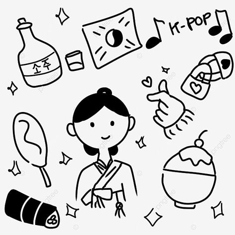 Korean Doodle Sticker, Cute Drawings Korean, Korean Doodle Art, Cute Doodles Black And White, Exam Doodles, Cute Korean Drawings, Korean Doodles Aesthetic, Cute Korean Doodles, Korean Illustration Cute